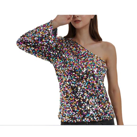 NWT Anna Kaci Sexy One Shoulder Sequin Top Party Blouse M (W6 - Picture 1 of 8